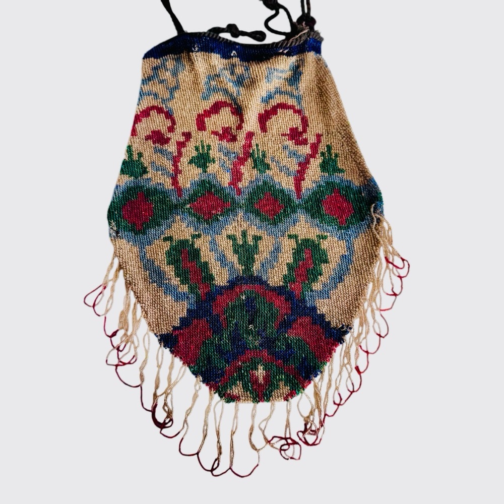 Victorian Micro Beads Bag Drawstring Purse Glass Beads Tribal Pattern Needs Work